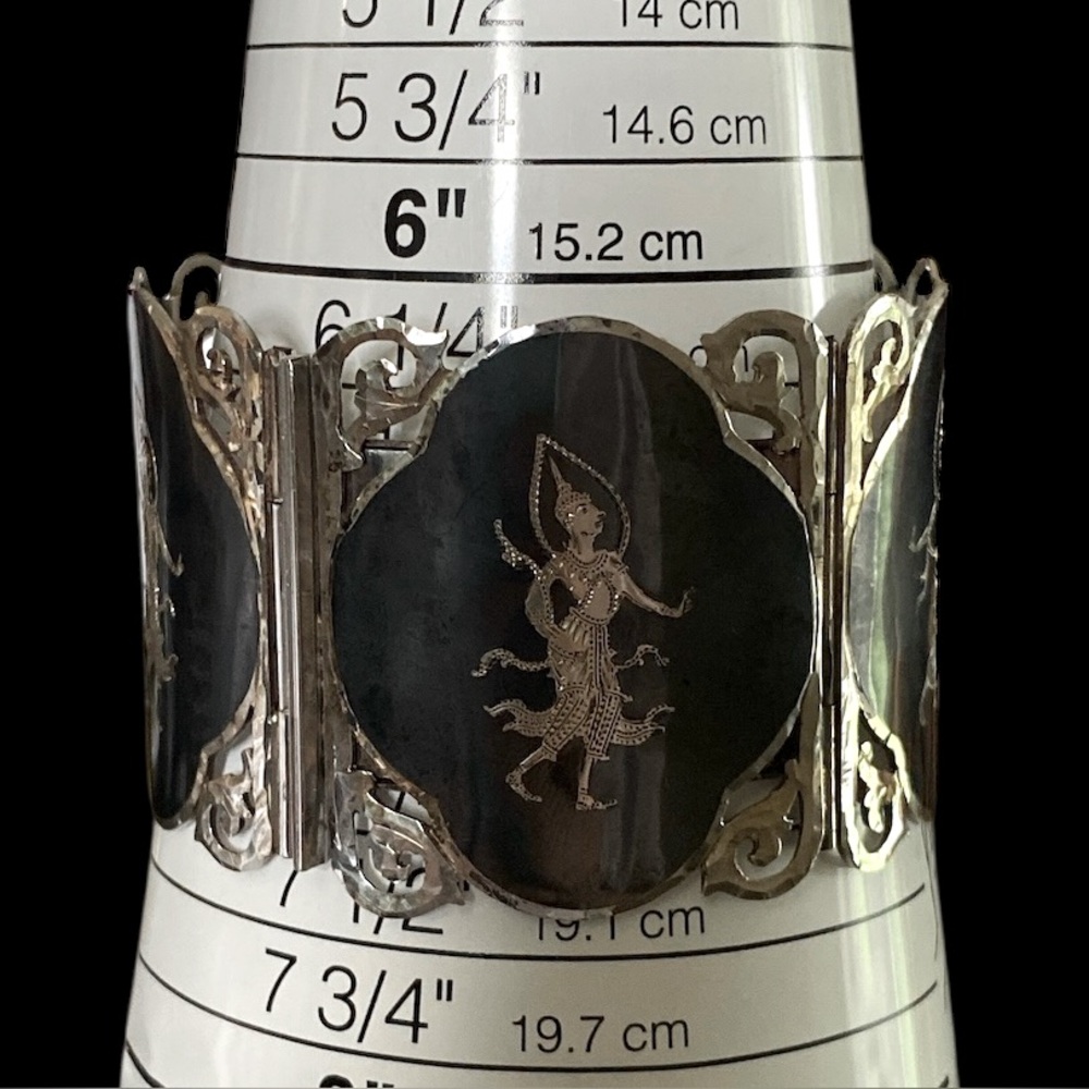 Vintage Wide Siam Niello 5 Panel Sterling Silver & Black Goddess Bracelet